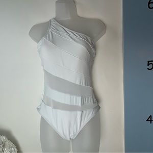 Pink‎ Lily White 1PC Swimsuit w/Mesh Stripes Small NWOT